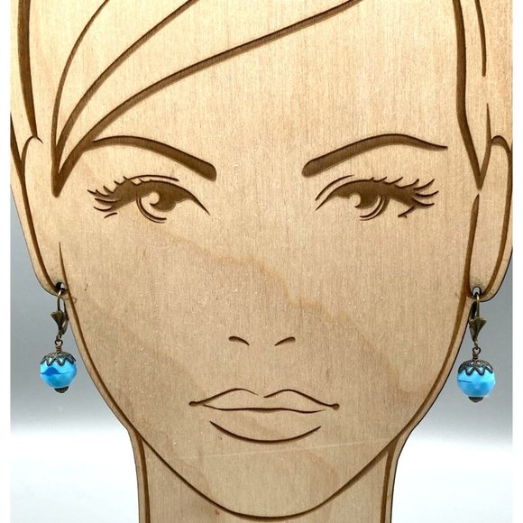 Bright Blue Bead Dangle Earrings, Vintage Bronzed Clip Ons with Art Glass - Picture 1 of 5